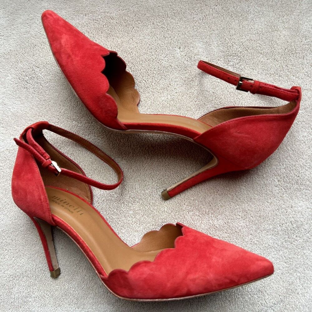 Minelli Spain Red Suede Scalloped Edge Pump Heel Ankle Strap Women EU 38 US‎ 7.5